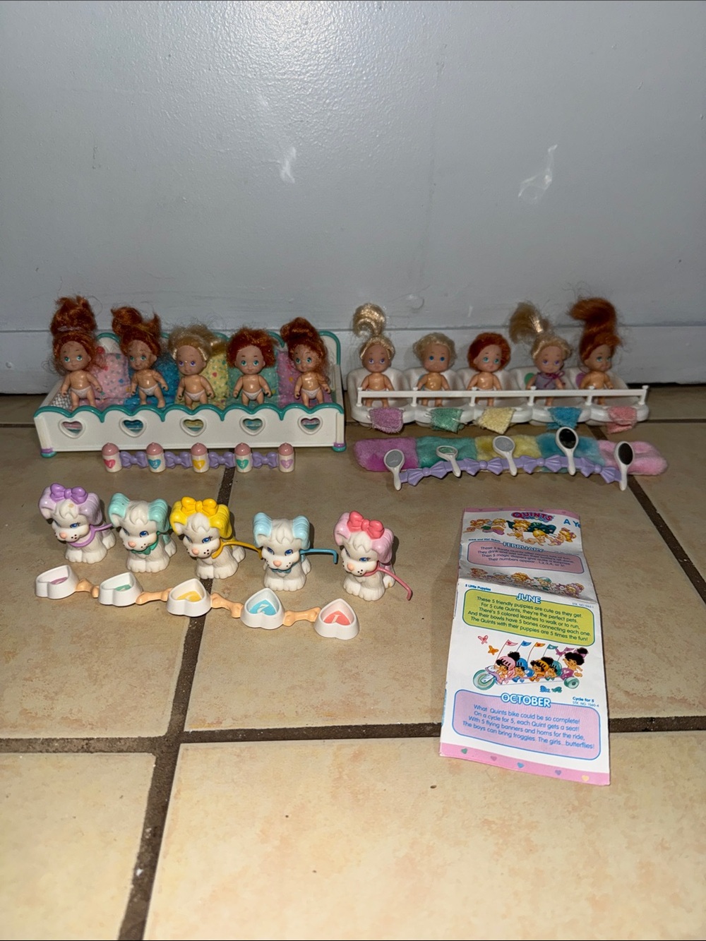 Vintage Quints Tyco 1990’s Toys Lot Bundle Baby Dolls w/ Pet Dogs, Bath/Bed Sets